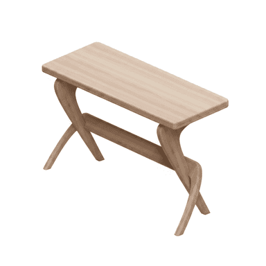 A small, rectangular wooden table featuring a light wood tone and distinctive, elegantly curved legs that interlock to form a sculptural base. The design is minimalist and modern. — 3D model (AI enhanced source)