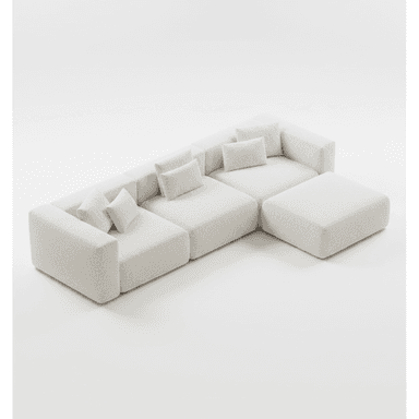 A modern modular sectional sofa upholstered in a light-colored, textured boucle fabric, featuring multiple interchangeable units and an accompanying ottoman. The design is low-profile with clean lines and includes several small throw pillows for back support. — 3D model (AI enhanced source)