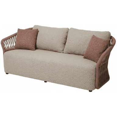 A modern three-seat sofa featuring a textured cream-colored boucle fabric upholstery for the main body and cushions, complemented by woven rattan-style arms and a partial back. It includes two contrasting terracotta-colored toss pillows. — 3D model (AI enhanced source)