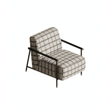 A modern lounge chair featuring plush plaid upholstery in neutral tones and a minimalist black metal frame with subtle brass accents. — 3D model (AI enhanced source)
