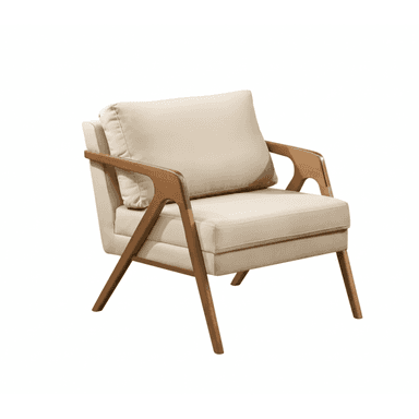 A modern armchair featuring a light-colored upholstered seat and back cushions, supported by an exposed wooden frame with integrated armrests and tapered legs. — 3D model (AI enhanced source)