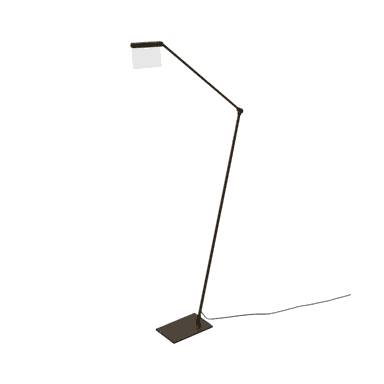 A modern and minimalist floor lamp featuring a slender, dark-finished metal body with an adjustable arm and a flat, rectangular base. The light source is an integrated LED panel, covered by a translucent diffuser, providing a clean and functional aesthetic. A power cord extends from the base. — 3D model (AI enhanced source)