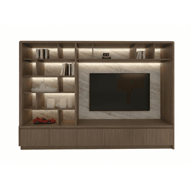 A contemporary wall-mounted entertainment center and bookshelf unit, featuring a large central recess for a television, flanked and topped by various open shelving compartments. The unit incorporates integrated LED strip lighting within many of the shelves. The TV recess is backed by a light-colored marble-look panel, while the rest of the unit is constructed from a medium-brown wood or wood veneer. The bottom section includes multiple closed storage cabinets with simple, handleless facades. — 3D model (AI enhanced source)