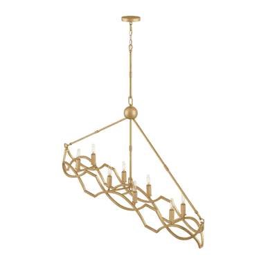 A modern linear chandelier featuring a gold-finished metal frame with a distinct geometric, wavy, and openwork design. It holds multiple exposed candle-style light bulbs, arranged in a row. The fixture is suspended by a chain and rod from a circular ceiling canopy, giving it a sophisticated and contemporary aesthetic. — 3D model (AI enhanced source)