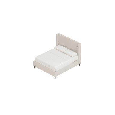 A contemporary platform bed featuring a light beige fabric upholstery on both the headboard and the frame, supported by dark, tapered legs. — 3D model (AI enhanced source)