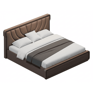 A modern platform bed featuring a dark wood frame and a distinctive upholstered headboard. The headboard is composed of individual, padded panels in a light brown or tan color, arranged in a wave-like or scalloped pattern. The bed is presented with white bedding and a dark gray throw blanket. — 3D model (AI enhanced source)