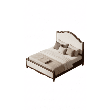 A bed frame featuring a dark-stained wooden structure with light-colored fabric upholstered panels on the headboard and footboard. The headboard has a distinctive curvilinear top edge, adding a classic touch to the design. The bed includes a mattress and neutral-toned bedding, completing the look. — 3D model (AI enhanced source)