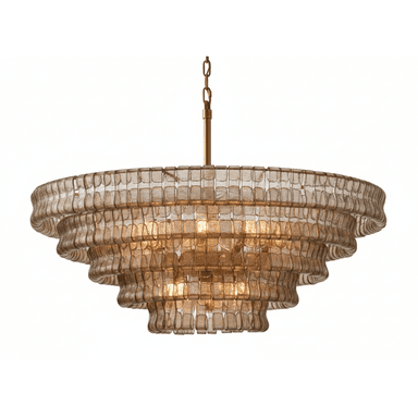 A multi-tiered chandelier with a tiered, cascading design. The fixture features numerous individual rectangular glass elements that are strung together to form stacked, curved tiers. The glass appears textured and semi-transparent, allowing light to diffuse through it. A central golden chain suspends the fixture. — 3D model (AI enhanced source)