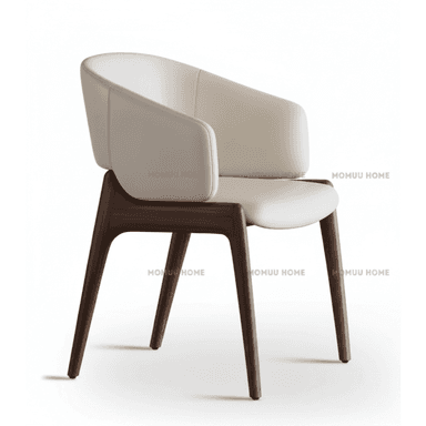 A modern upholstered dining armchair with a cream-colored seat and backrest, supported by a dark wood frame and tapered legs. — 3D model (AI enhanced source)