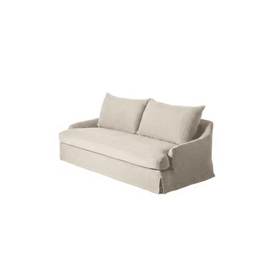 A light-colored, slipcovered two-seater loveseat with a casual aesthetic, featuring a skirted base and two separate seat and back cushions. The arms are gently sloped, and the overall appearance is soft and inviting. — 3D model (AI enhanced source)