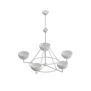 A modern white five-light chandelier featuring a geometric metal frame and five bowl-shaped shades. The fixture is suspended from a central rod and chain, culminating in a simple ceiling canopy. Each light source is housed within an opaque hemispherical shade, directing light upwards or outwards depending on the shade's orientation. The overall design emphasizes clean lines and a contemporary aesthetic. — 3D model (AI enhanced source)