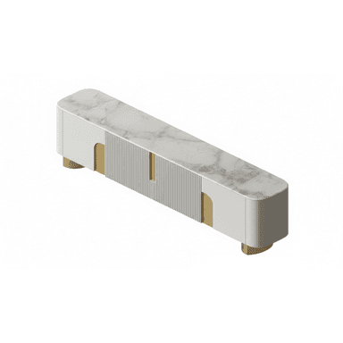 A sleek, contemporary media console featuring a rectangular white marble top with subtle gray veining, set upon a white cabinet body. The cabinet front incorporates vertical fluted detailing and arch-shaped gold accents that serve as visual elements and possibly handles for storage compartments. The corners of the console are rounded, and it rests on short, recessed gold-finished feet. — 3D model (AI enhanced source)