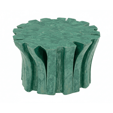A sculptural pedestal table featuring an organic, biomorphic design and a rich green finish. The table has a circular top with an irregularly scalloped edge, resembling a stylized leaf or natural formation. The base is composed of undulating, vertical elements that create a fluted or pleated effect, giving the piece a fluid and naturalistic appearance. The surface has a mottled, textured patina, suggesting either a ceramic, concrete, or composite material with a malachite-inspired glaze or finish. — 3D model (AI enhanced source)