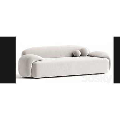 A contemporary three-seater sofa featuring soft, organic forms, integrated curved armrests, and upholstered in a light-colored textured fabric. It sits low to the ground and includes two spherical accent cushions. — 3D model (AI enhanced source)