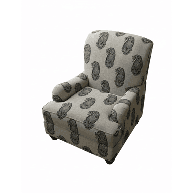 A single armchair upholstered in a neutral-colored fabric with a repeating paisley pattern in a dark hue. The armchair features padded arms, a high back, and sits on four short, dark legs. The upholstery has a visible weave texture and is adorned with decorative nailhead trim along the bottom edge of the seat. — 3D model (AI enhanced source)