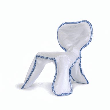 A modern, armless chair constructed from white synthetic fabric with prominent blue serged edges. The chair exhibits a fluid, organic form, appearing to be soft-bodied or inflatable, with an integrated seat and backrest. It rests on four distinct, broad leg-like extensions that flow from the main body, suggesting a lightweight and playful design. — 3D model (AI enhanced source)