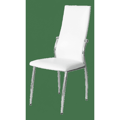 A modern armless dining chair featuring a high, slightly curved backrest and a square seat, both upholstered in clean white material, likely faux leather or vinyl. The chair stands on four slender, polished chrome legs that are slightly splayed. The backrest is supported by a curved chrome frame that extends from the lower back of the seat, giving it a sleek, contemporary appearance. The overall design emphasizes minimalist lines and a bright aesthetic. — 3D model (AI enhanced source)