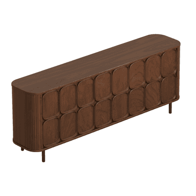 A long, low, rectangular wooden credenza or sideboard with rounded corners and a distinctive front design. The front features a series of multiple recessed, rounded-edge rectangular panels, arranged in two rows, which likely function as door or drawer fronts. The side panels have vertical fluting. The piece is supported by four slender, cylindrical legs. The wood has a dark, rich finish. — 3D model (AI enhanced source)