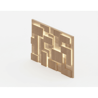 A rectangular, wall-mounted decorative panel crafted from light-toned wood, featuring an abstract geometric arrangement of varying rectangular blocks. Integrated backlighting illuminates the gaps and edges of these blocks, creating a soft, warm glow. — 3D model (AI enhanced source)