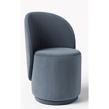 An armless barrel accent chair upholstered in a soft, dusty blue velvet-like fabric. The chair features a continuous, rounded backrest that flows into the seat, and a cylindrical base, creating a cohesive and minimalist silhouette. — 3D model (AI enhanced source)