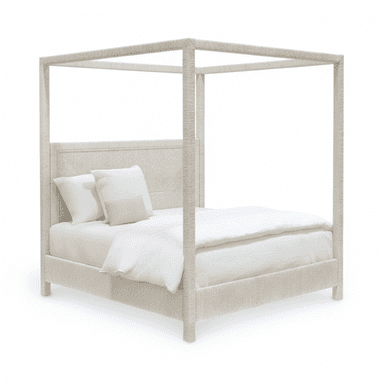 A modern canopy bed featuring a robust four-poster frame, fully upholstered in a light, textured fabric. The headboard exhibits a subtle geometric stitched pattern, adding visual interest. The bed is designed to accommodate a mattress and box spring or platform, and it is presented with white bedding. — 3D model (AI enhanced source)