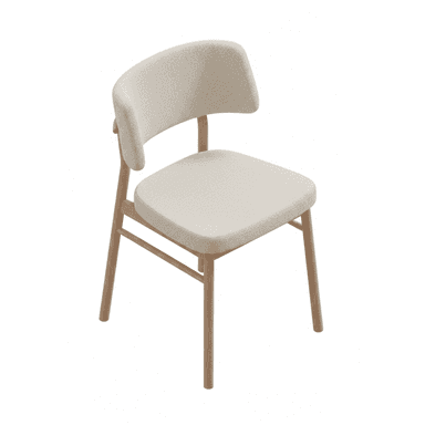 An armless dining chair featuring a light-colored wooden frame and fully upholstered seat and backrest in a light beige, textured fabric. The backrest has a gentle curve for ergonomic support, and the legs are slender and tapered. The overall design is clean, modern, and minimalist. — 3D model (AI enhanced source)
