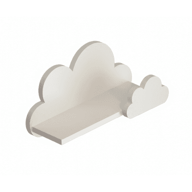 An off-white, cloud-shaped wall shelf designed for children's rooms or nurseries. It features a whimsical cloud silhouette as its back panel, with a flat, rectangular shelf surface protruding forward. A smaller, decorative cloud shape is attached to the right side of the main cloud. The overall design is simple, clean, and modern with a playful touch, intended for mounting directly to a wall. — 3D model (AI enhanced source)