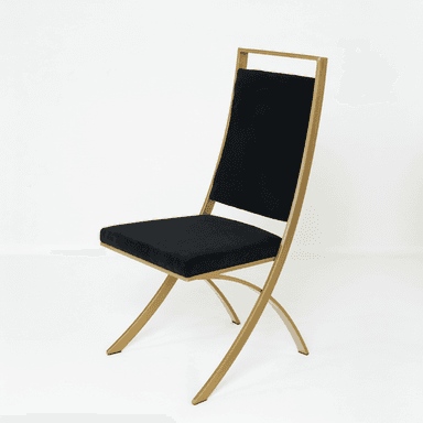 A contemporary dining chair featuring a striking gold-finished metal frame and black upholstered seat and backrest. The frame exhibits elegantly curved lines, creating a minimalist yet sophisticated silhouette. The seat and backrest are rectangular, providing comfortable support, with the backrest extending slightly above the upholstered section to form an open, rectangular top. The overall design suggests a modern aesthetic suitable for dining or accent seating. — 3D model (AI enhanced source)