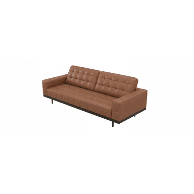 A modern three-seater sofa featuring brown leather upholstery with square tufting on the seat and back cushions. It is supported by a minimalist black metal frame with slender legs. — 3D model (AI enhanced source)