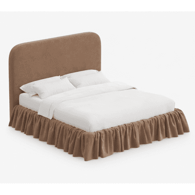 A fully upholstered bed frame featuring a soft brown/taupe fabric, a generously padded headboard with smoothly rounded corners, and a matching ruffled bed skirt that conceals the frame. The bed is presented with clean white bedding, including a duvet and two pillows, creating a plush and inviting appearance. The design emphasizes comfort and a cohesive, soft aesthetic. — 3D model (AI enhanced source)
