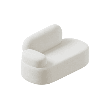 An off-white, sculptural single-seater chaise lounge chair with soft, rounded edges, upholstered in a textured boucle fabric, featuring an integrated backrest and a single armrest. — 3D model (AI enhanced source)