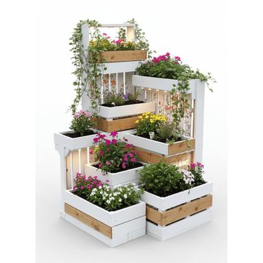 A multi-tiered wooden planter stand designed to display various plants and flowers. It features a stepped arrangement of planter boxes, constructed from a combination of white-painted wood and natural-finished wood accents. The unit incorporates integrated lighting elements within the structure, illuminating the plants. Some panels feature decorative floral patterns, and live plants with trailing vines are shown. — 3D model (AI enhanced source)