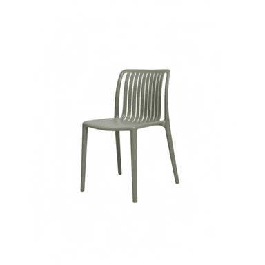 A contemporary-style side chair with a molded seat and back. The backrest features vertical slats, providing a modern aesthetic. The chair has four slender legs that taper slightly. — 3D model (AI enhanced source)
