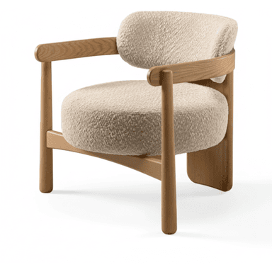 A modern armchair featuring a light-colored wooden frame with rounded edges and thick, plush, off-white boucle upholstery. The design is minimalist with exposed wood elements. — 3D model (AI enhanced source)