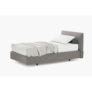 A modern upholstered platform twin bed featuring a minimalist design. The bed frame and integrated headboard are covered in a textured gray fabric. It is made up with white bedding, a light gray throw blanket, a standard white pillow with black piping, and a cylindrical green bolster pillow. — 3D model (AI enhanced source)