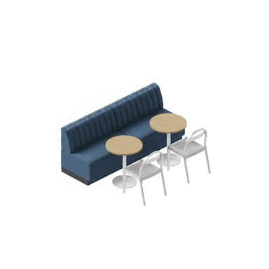 A commercial booth seating arrangement featuring a long, linear bench with a channel-tufted backrest, upholstered in a blue fabric. Accompanying the bench are two round-top tables with light wooden surfaces and white pedestal bases, and two minimalist white chairs with curved backrests and slender legs. — 3D model (AI enhanced source)