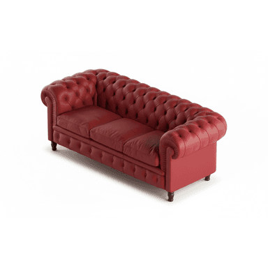 A luxurious red leather Chesterfield sofa, characterized by its distinctive deep button tufting on the backrest and rolled arms. The sofa features three individual seat cushions and rests on dark turned wooden feet, exuding a classic and elegant aesthetic. — 3D model (AI enhanced source)
