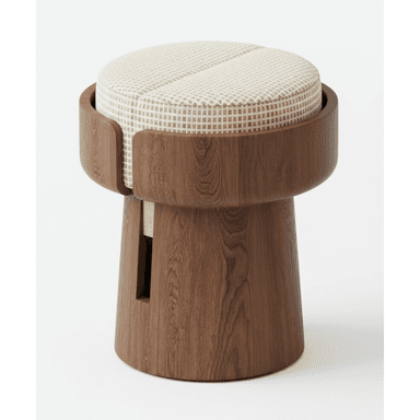 A contemporary stool featuring a cylindrical wooden base with a flared top section. The base has a cut-out detail on one side, revealing an internal wooden element. The seat is round and upholstered with a light-colored fabric featuring a subtle checkered pattern. The overall design is modern and sculptural. — 3D model (AI enhanced source)