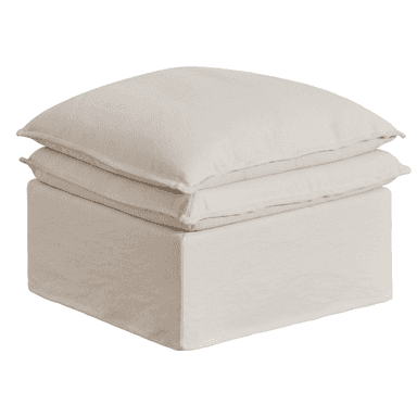 A light beige, square, slipcovered ottoman featuring a boxy base and two stacked, plush cushions on top, presenting a soft and inviting appearance. — 3D model (AI enhanced source)