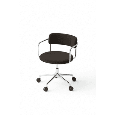 A modern office chair featuring a dark brown upholstered seat and backrest, supported by a tubular chrome-plated metal frame that forms both the armrests and part of the base. The chair has a five-star caster base made of polished chrome, allowing for mobility and a swivel function. Its design is minimalist and functional. — 3D model (AI enhanced source)