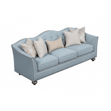 A light blue, three-cushion sofa featuring a gently curved back, rolled arms, and prominent nailhead trim detailing along the arms, base, and back. It comes with several accent pillows in complementary patterns and colors. The sofa rests on low, ornate, turned wooden legs with a metallic finish. — 3D model (AI enhanced source)
