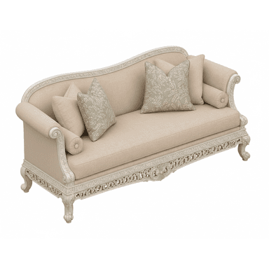 An elegantly carved daybed in a Rococo or French Provincial style, featuring a light beige upholstered seat and backrest, and an elaborately detailed antique white finished wooden frame. It includes multiple decorative pillows, some plain beige and others with a sage green botanical pattern. — 3D model (AI enhanced source)