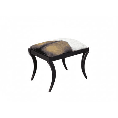 A small, rectangular stool featuring a cowhide upholstered top in natural brown, white, and black patterns, supported by four dark-finished, elegantly curved wooden legs in a cabriole style. — 3D model (AI enhanced source)