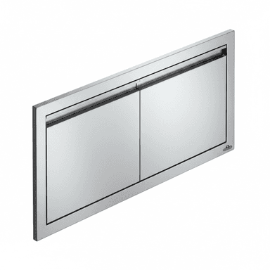 A polished stainless steel built-in outdoor kitchen storage cabinet featuring two horizontal hinged doors, each with an integrated bar pull handle. It has a flush-mount frame designed for seamless integration into an outdoor kitchen island. A brand logo is present on the lower right door. — 3D model (AI enhanced source)