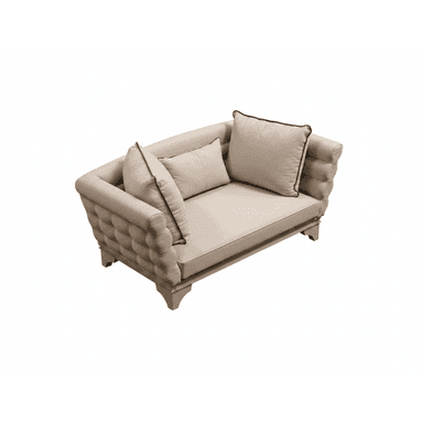 A compact upholstered loveseat featuring deep tufting on the exterior back and arms. It is covered in a light-colored fabric and includes three loose cushions (two square, one rectangular) with contrasting dark piping. The piece sits on a low, light-toned wooden base with splayed legs. — 3D model (AI enhanced source)