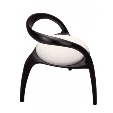 A modern accent chair featuring a dark, sculptural wooden frame with an integrated, looping backrest and armrests, and a contrasting light-colored, circular upholstered seat. — 3D model (AI enhanced source)