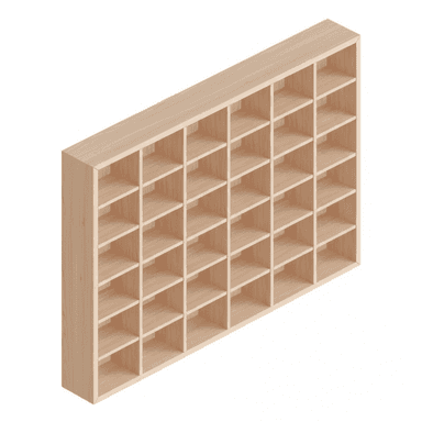 A light wood modular storage unit featuring 35 open square cubby compartments arranged in a 7x5 grid. — 3D model (AI enhanced source)