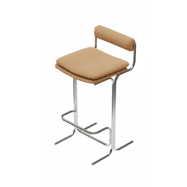 A bar stool with a chrome-plated metal frame and a cushioned seat and backrest. The seat and backrest are upholstered in a ribbed fabric with a light brown or tan color. The frame features a tubular design with a footrest. The stool has a modern and minimalist aesthetic. — 3D model (AI enhanced source)