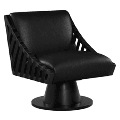 A black contemporary armchair with a unique slatted wooden outer frame, upholstered seat and backrest, and a solid round pedestal swivel base. — 3D model (AI enhanced source)