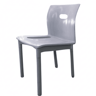 A light gray, armless chair made of molded plastic, featuring a curved backrest with a handle cutout and straight legs. — 3D model (AI enhanced source)